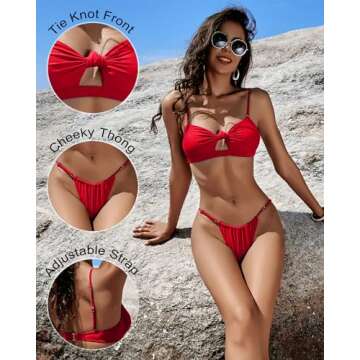 Honlyps Womens Brazilian Thong Sexy Bikini Sets Cheeky 2 Piece High Cut Swimsuit Bottoms Strapless Bandeau Bathing Suit Tops Red