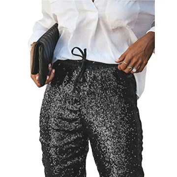 ALLUMK Women's Sparkle Sequin Punk Crop Jogger Pants