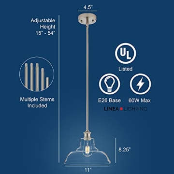 Linea di Liara Lucera Modern Farmhouse Pendant Light Fixture Ceiling Hanging Large Glass Pendant Lighting for Kitchen Island Brushed Nickel Pendant Light Over Sink Light Fixtures, Bulb Included