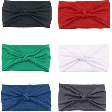 6Pcs Solid Wide Headbands for Women Elastic Bandana Knot Headbands Turban Headwraps Workout Head Wrap Hair Band Yoga Running Sport Twisted Hairband Hair Accessories for Women Girls
