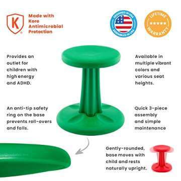 KORE Design Wobble Stool Chair, Girls + Boys Kid Desk Stools, Ergonomic Small Office Chairs, Flexible Seating for Active Child, ADD/ADHD, Classroom, School, Home, Kids (14in), Age 6-7 yrs, Green