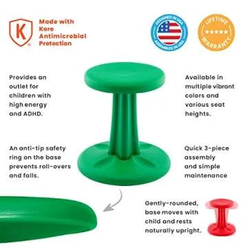 KORE Design Wobble Stool Chair, Girls + Boys Kid Desk Stools, Ergonomic Small Office Chairs, Flexible Seating for Active Child, ADD/ADHD, Classroom, School, Home, Kids (14in), Age 6-7 yrs, Green
