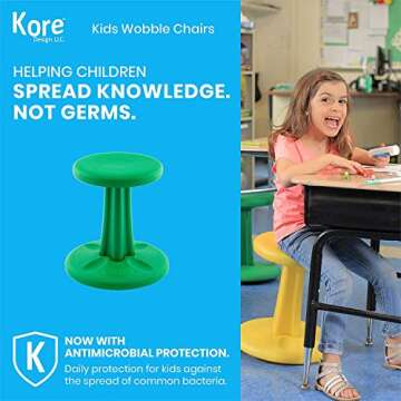 KORE Design Wobble Stool Chair, Girls + Boys Kid Desk Stools, Ergonomic Small Office Chairs, Flexible Seating for Active Child, ADD/ADHD, Classroom, School, Home, Kids (14in), Age 6-7 yrs, Green