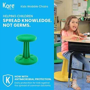 KORE Design Wobble Stool Chair, Girls + Boys Kid Desk Stools, Ergonomic Small Office Chairs, Flexible Seating for Active Child, ADD/ADHD, Classroom, School, Home, Kids (14in), Age 6-7 yrs, Green
