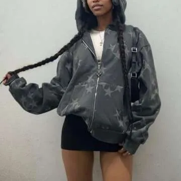 Sumleno Fairy Grunge Clothes Alt Emo Clothing Y2k Zip Up Hoodie Oversized Hooded Sweatshirt Harajuku Aesthetic Jacket (S,A)