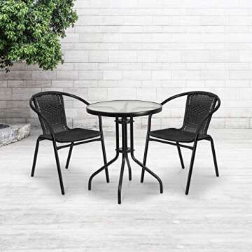 EMMA + OLIVER 2 Pack Black Rattan Indoor-Outdoor Restaurant Stack Chair with Curved Back