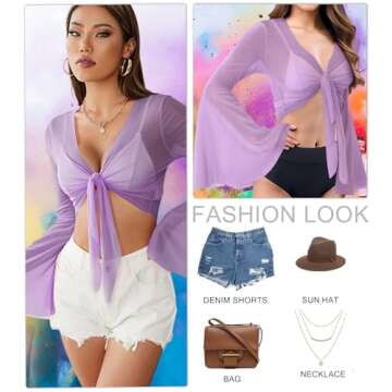 Rave Bell Mesh Crop Top for Women - EDC Festival Long Sleeve Tie Front Sheer Shirt Ruffle Fairycore ...