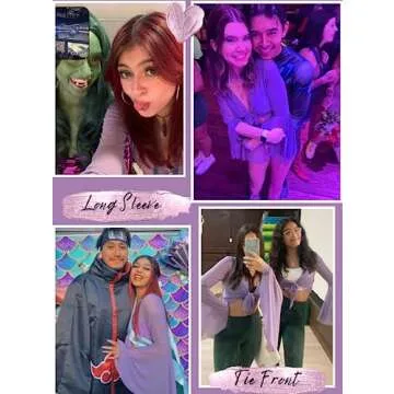 Rave Bell Mesh Crop Top for Women - EDC Festival Long Sleeve Tie Front Sheer Shirt Ruffle Fairycore Blouse Outfits(Purple,M,1087e)