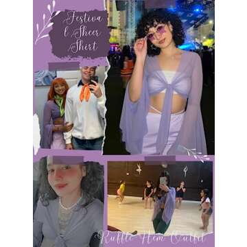 Rave Bell Mesh Crop Top for Women - EDC Festival Long Sleeve Tie Front Sheer Shirt Ruffle Fairycore Blouse Outfits(Purple,M,1087e)