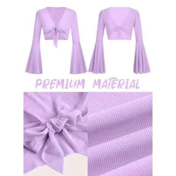 Rave Bell Mesh Crop Top for Women - EDC Festival Long Sleeve Tie Front Sheer Shirt Ruffle Fairycore Blouse Outfits(Purple,M,1087e)