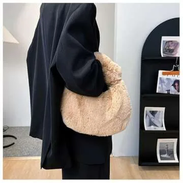 Women Plush Tote Bag Fluffy Underarm Purse Faux Fur Shoulder Handbag Fuzzy Tied Bag Winter Christmas...