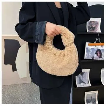 Women Plush Tote Bag Fluffy Underarm Purse Faux Fur Shoulder Handbag Fuzzy Tied Bag Winter Christmas Gifts (Khaki)