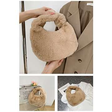 Women Plush Tote Bag Fluffy Underarm Purse Faux Fur Shoulder Handbag Fuzzy Tied Bag Winter Christmas Gifts (Khaki)