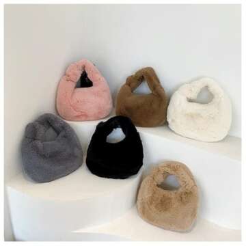 Women Plush Tote Bag Fluffy Underarm Purse Faux Fur Shoulder Handbag Fuzzy Tied Bag Winter Christmas Gifts (Khaki)