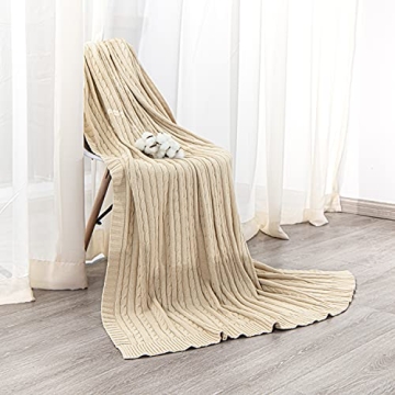 NTBAY 100% Pure Cotton Cable Knit Throw Blanket, Super Soft Warm 51x67 Knitted Throw Blanket for Couch, Sofa, Chair, Bed - Extra Cozy, Machine Washable, Comfortable Home Decor, Khaki