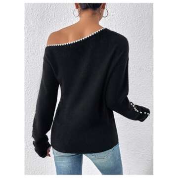 WDIRARA Women's Pearls Beaded One Cold Shoulder Sweater Long Sleeve Asymmetrical Knit Top