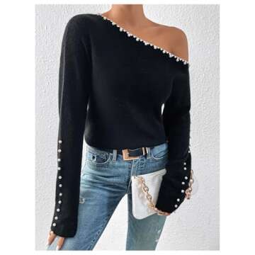 WDIRARA Women's Pearls Beaded One Cold Shoulder Sweater Long Sleeve Asymmetrical Knit Top