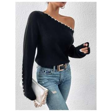 WDIRARA Women's Pearls Beaded One Cold Shoulder Sweater Long Sleeve Asymmetrical Knit Top