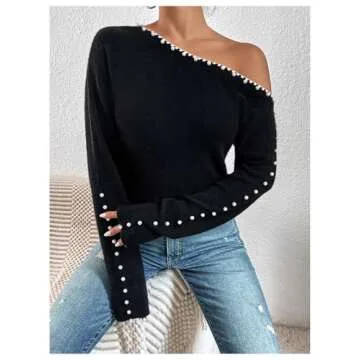 WDIRARA Women's Pearls Beaded One Cold Shoulder Sweater Long Sleeve Asymmetrical Knit Top