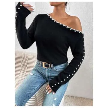 WDIRARA Women's Pearls Beaded One Cold Shoulder Sweater Long Sleeve Asymmetrical Knit Top