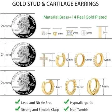 12 Pairs Small Gold Huggie Hoop Earrings Set for Women, 14K Gold Plated Hypoallergenic Lightweight Trendy Stud Cartilage Earrings Pack for Jewelry Gifts (12pair-gold)