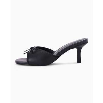 Coutgo Womens Kitten Heels Bow Mules Low Stiletto Heel Slides Sandals Open Toe Backless Comfortable Dress Shoes, Black, Size 7