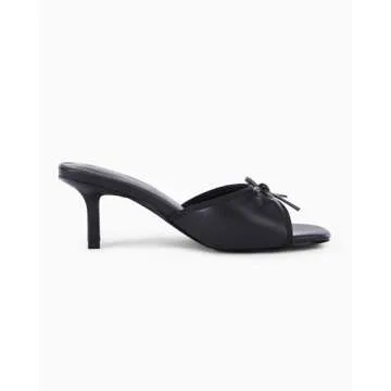 Coutgo Womens Kitten Heels Bow Mules Low Stiletto Heel Slides Sandals Open Toe Backless Comfortable Dress Shoes, Black, Size 7