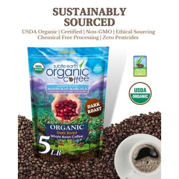 Subtle Earth Organic Coffee - Dark Roast - Whole Bean Coffee - 100% Arabica Beans - Low Acidity and Non-GMO - 5lb bag