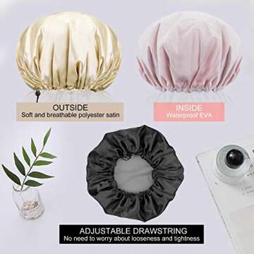 Shower Cap For Women Men 3PCS Shower Caps For Women Waterproof Extra Large Shower Cap Big Lined Rbersea Jumbo Reusable Shower Cap Long Hair Bonnet Set For Kids With Black Gold Pink Bath Cap Adjustable