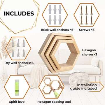 Onyx Home Hexagon Floating Shelves - Set of 3 - Boho Wall Decor. Geometric Hexagon Shelves. Includes All Hanging Hardware. Wooden Honeycomb Shelves. Succulent Plant Shelf