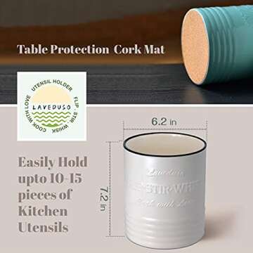 Laveduso Utensil Holder, 7.2" Large Utensil Crock, Ceramic Utensil Holder for Countertop, with Cork mat, Stable and Easy to Clean, Vintage Cooking Utensil Holder for Farmhouse Kitchen Decor, White