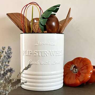 Laveduso Utensil Holder, 7.2" Large Utensil Crock, Ceramic Utensil Holder for Countertop, with Cork mat, Stable and Easy to Clean, Vintage Cooking Utensil Holder for Farmhouse Kitchen Decor, White