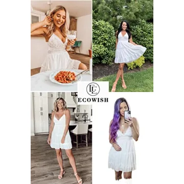 ECOWISH Women's V-Neck Lace Mini Dress Summer Boho