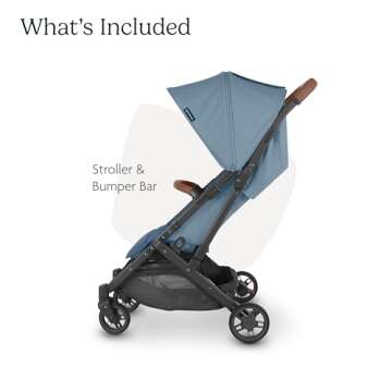 UPPAbaby Minu V2 Travel Stroller/Lightweight, Portable Design/One-Hand Fold/Shoulder Strap and Leather Bumper Bar Included/Charlotte (Coastal Blue/Carbon Frame/Saddle Leather)