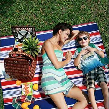 yodo Extra Large Outdoor Waterproof Picnic Blanket Tote 79" x 59,Spring Summer Navy/Red Stripe