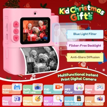 Gift for Girls Kids Camera: Instant Print Dual Lens Digital Camera Toys for Girl 3-12 Birthday Chris...