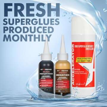 Starbond Premium Grade Cyanoacrylate (CA) Super Glue, Black (2 oz) and Brown (2 oz) Medium-Thick Viscosity Knot Filler and Aerosol Accelerator (6 oz) Bundle for Woodworking, Woodturning, Carpentry