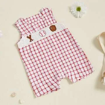 Amnnchya Newborn Baby Boy Girl Clothes Stripes Sleeveless Romper Infant Embroidery Bodysuit Cute Summer Spring Outfit (Red Cute Baseball Outfit, 0-3 Months)