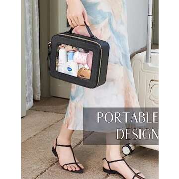 Popvibe Clear Makeup Case Black Toiletry Bag Travel Large Clear Cosmetic Bag with Zipper, Big Make Up Bag Organizer Women Traveling TSA Approved Transparent Bag Car for Essentials