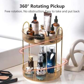 UNICOMVSX Rotating Makeup Organizer for Vanity, Spinning Cosmetics Storage for Bathroom Countertop, Skincare Holder Rack for Facial Cream, Perfume, Lotion, Lipstick (2 Tier, Amber)
