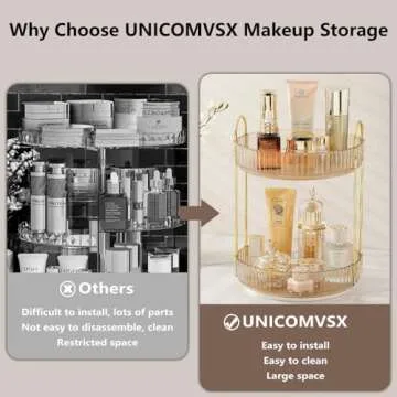 UNICOMVSX Rotating Makeup Organizer for Vanity, Spinning Cosmetics Storage for Bathroom Countertop, Skincare Holder Rack for Facial Cream, Perfume, Lotion, Lipstick (2 Tier, Amber)