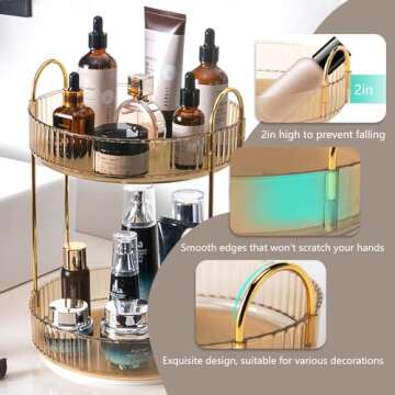 UNICOMVSX Rotating Makeup Organizer for Vanity, Spinning Cosmetics Storage for Bathroom Countertop, Skincare Holder Rack for Facial Cream, Perfume, Lotion, Lipstick (2 Tier, Amber)