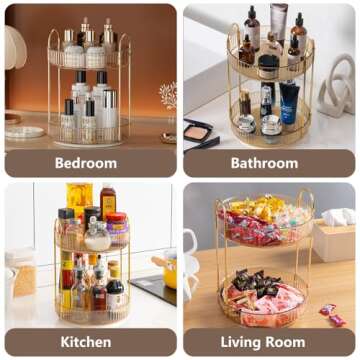UNICOMVSX Rotating Makeup Organizer for Vanity, Spinning Cosmetics Storage for Bathroom Countertop, Skincare Holder Rack for Facial Cream, Perfume, Lotion, Lipstick (2 Tier, Amber)