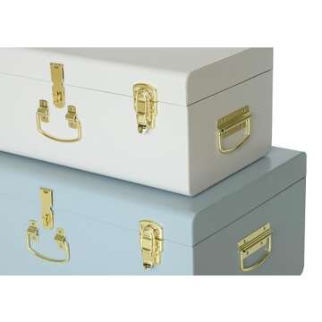 Vixdonos Decorative Large Metal Box Storage Trunk Chest Set of 2 College Dorm Organizer with Hardware Hasps and Handle for Home Deocr,23.7X14.2X9.5 Inches(White and Blue)