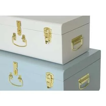 Vixdonos Decorative Large Metal Box Storage Trunk Chest Set of 2 College Dorm Organizer with Hardware Hasps and Handle for Home Deocr,23.7X14.2X9.5 Inches(White and Blue)