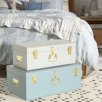 Vixdonos Decorative Large Metal Box Storage Trunk Chest Set of 2 College Dorm Organizer with Hardware Hasps and Handle for Home Deocr,23.7X14.2X9.5 Inches(White and Blue)