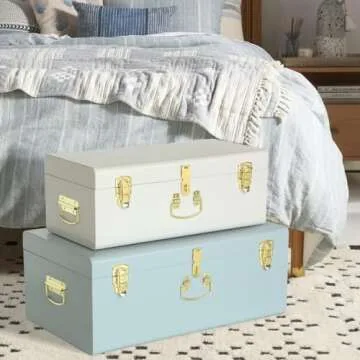 Vixdonos Decorative Large Metal Box Storage Trunk Chest Set of 2 College Dorm Organizer with Hardware Hasps and Handle for Home Deocr,23.7X14.2X9.5 Inches(White and Blue)