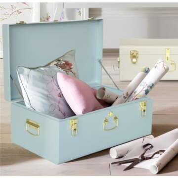 Vixdonos Decorative Large Metal Box Storage Trunk Chest Set of 2 College Dorm Organizer with Hardware Hasps and Handle for Home Deocr,23.7X14.2X9.5 Inches(White and Blue)