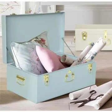 Vixdonos Decorative Large Metal Box Storage Trunk Chest Set of 2 College Dorm Organizer with Hardware Hasps and Handle for Home Deocr,23.7X14.2X9.5 Inches(White and Blue)