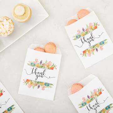 Juvale 100 Pack Paper Cookie Bags, 5 x 7 Inch for Party Favors, Treats, Candy, Wedding, Individual Bag with Floral Thank You Design, Mini Gift Bags for Snacks, Goodies